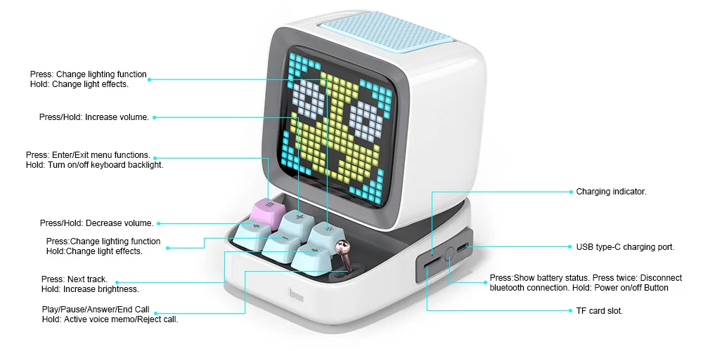 Bocina Divoom Ditoo-Plus Retro Pixel Art Altavoz Bluetooth Reloj Despertador LED.