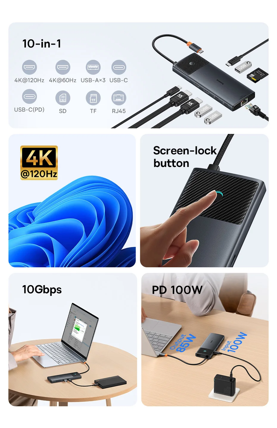 Hub USB-C Baseus 10 en 1 HDMI 4K USB 3.2 10 Gbps RJ45 SD/TF USB-C DP 100W MacBook Latop