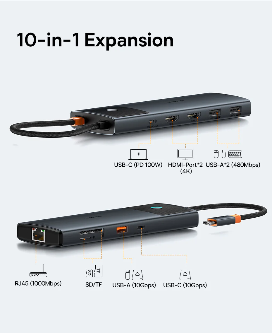 Hub USB-C Baseus 10 en 1 HDMI 4K USB 3.2 10 Gbps RJ45 SD/TF USB-C DP 100W MacBook Latop