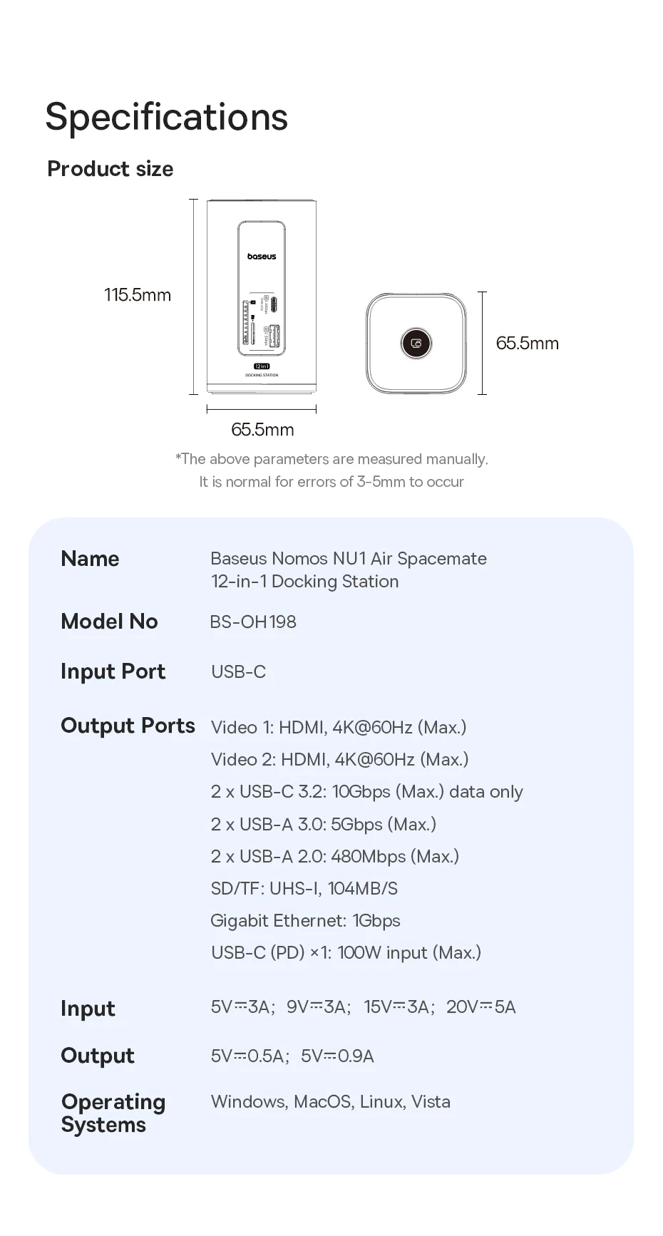 Baseus Hub USB-C 12 en 1 Adaptador HDMI 4K 60 Hz USB 3.2 RJ44 SD/TF DP 100W Windows y Mac