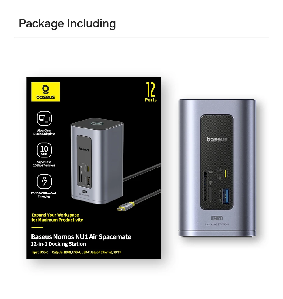 Baseus Hub USB-C 12 en 1 Adaptador HDMI 4K 60 Hz USB 3.2 RJ44 SD/TF DP 100W Windows y Mac