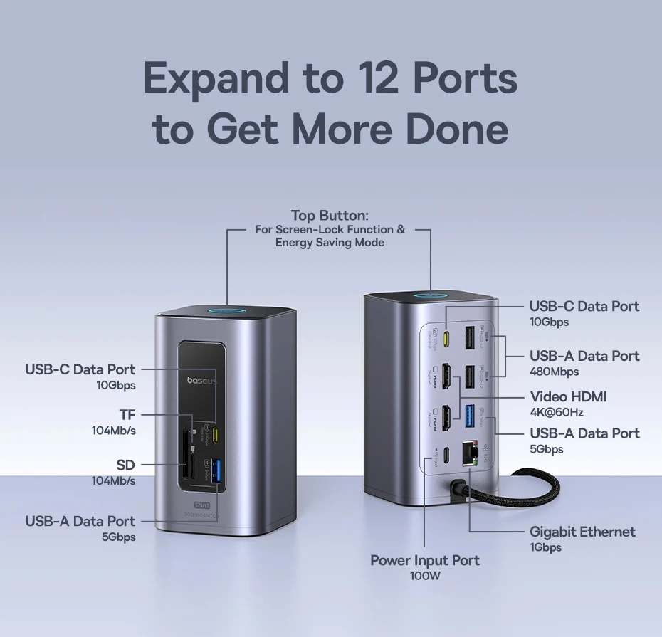 Baseus Hub USB-C 12 en 1 Adaptador HDMI 4K 60 Hz USB 3.2 RJ44 SD/TF DP 100W Windows y Mac