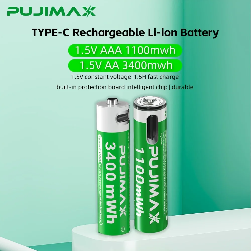 PUJIMAX 1.5V AAA/AA 3400mWh 1100mWh Rechargeable Battery USB Type-C Rechargeable Li-ion Battery For Remote Control Electric Toys