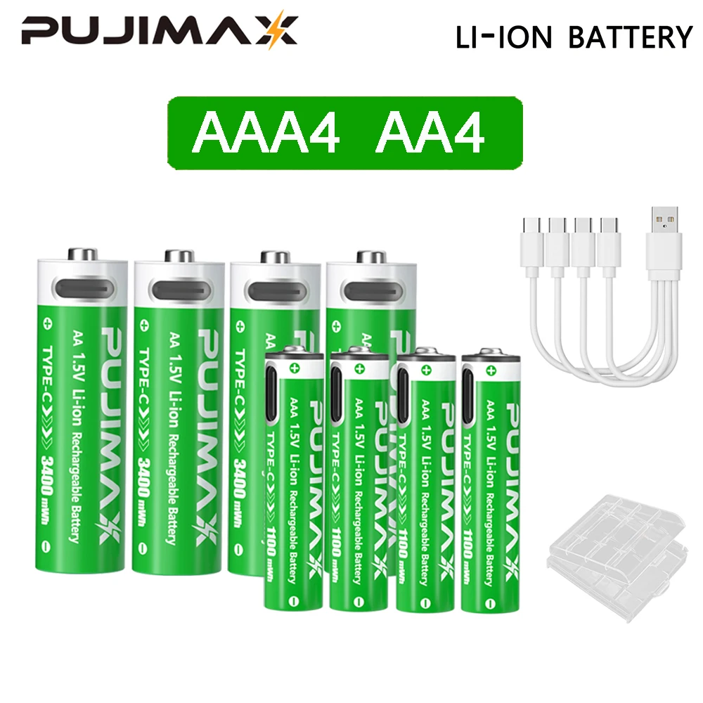 PUJIMAX 1.5V AAA/AA 3400mWh 1100mWh Rechargeable Battery USB Type-C Rechargeable Li-ion Battery For Remote Control Electric Toys