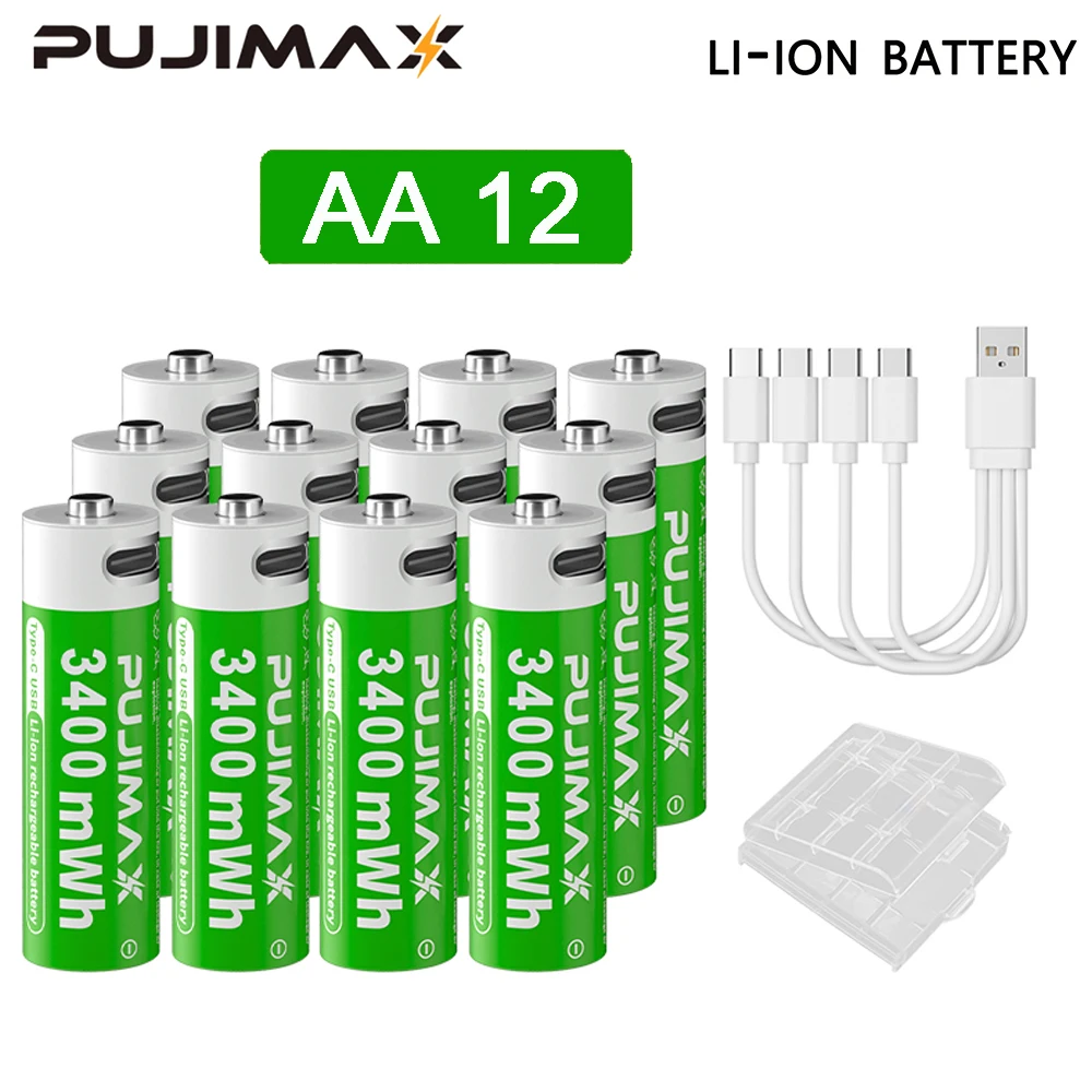 PUJIMAX 1.5V AAA/AA 3400mWh 1100mWh Rechargeable Battery USB Type-C Rechargeable Li-ion Battery For Remote Control Electric Toys