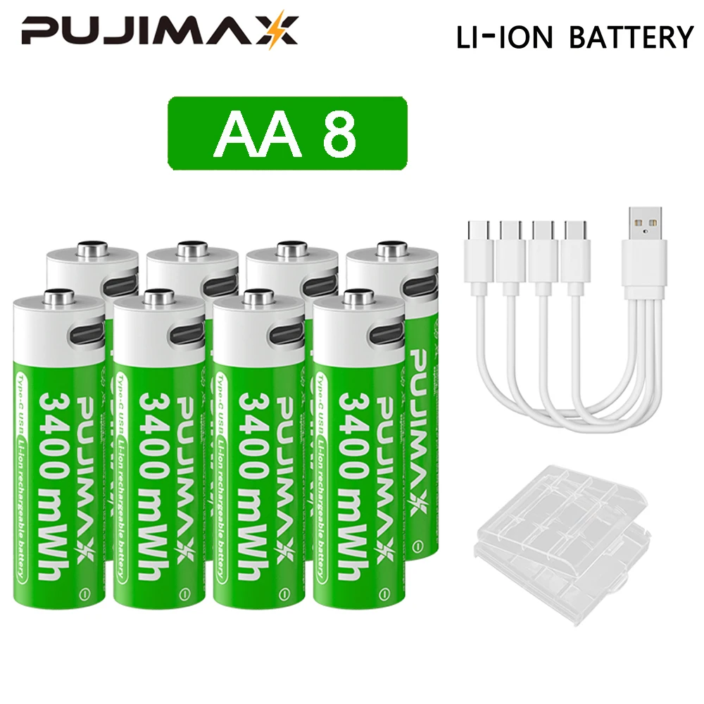 PUJIMAX 1.5V AAA/AA 3400mWh 1100mWh Rechargeable Battery USB Type-C Rechargeable Li-ion Battery For Remote Control Electric Toys