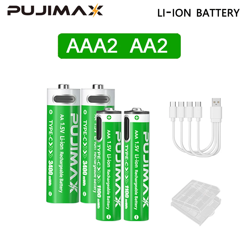 PUJIMAX 1.5V AAA/AA 3400mWh 1100mWh Rechargeable Battery USB Type-C Rechargeable Li-ion Battery For Remote Control Electric Toys