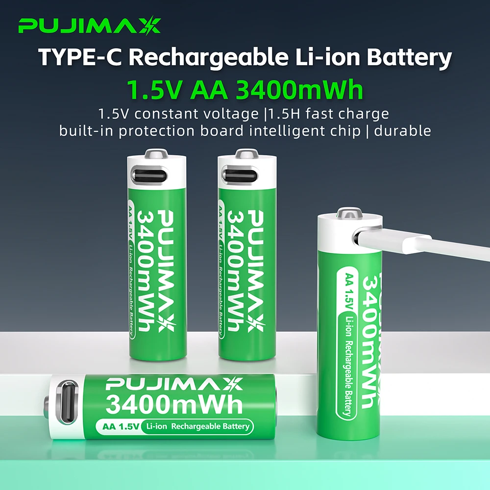 PUJIMAX 1.5V AAA/AA 3400mWh 1100mWh Rechargeable Battery USB Type-C Rechargeable Li-ion Battery For Remote Control Electric Toys