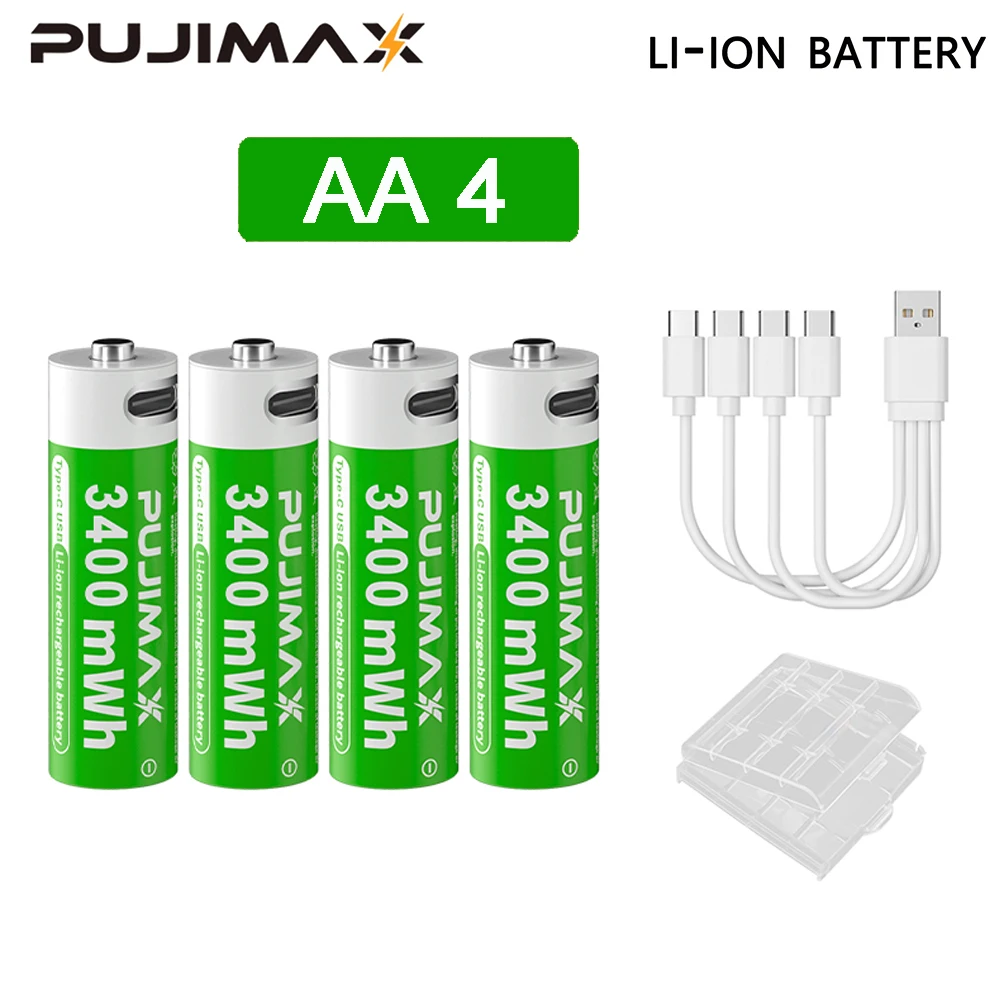 PUJIMAX 1.5V AAA/AA 3400mWh 1100mWh Rechargeable Battery USB Type-C Rechargeable Li-ion Battery For Remote Control Electric Toys