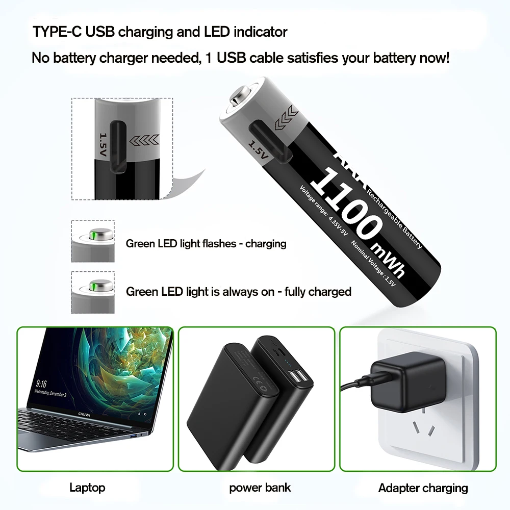 Kuugro 1.5V AA And AAA Rechargeable Batteries AA 3400mWh AAA 1100mWh USB-C Fast Charging For Remote Control Wireless Mouse Etc