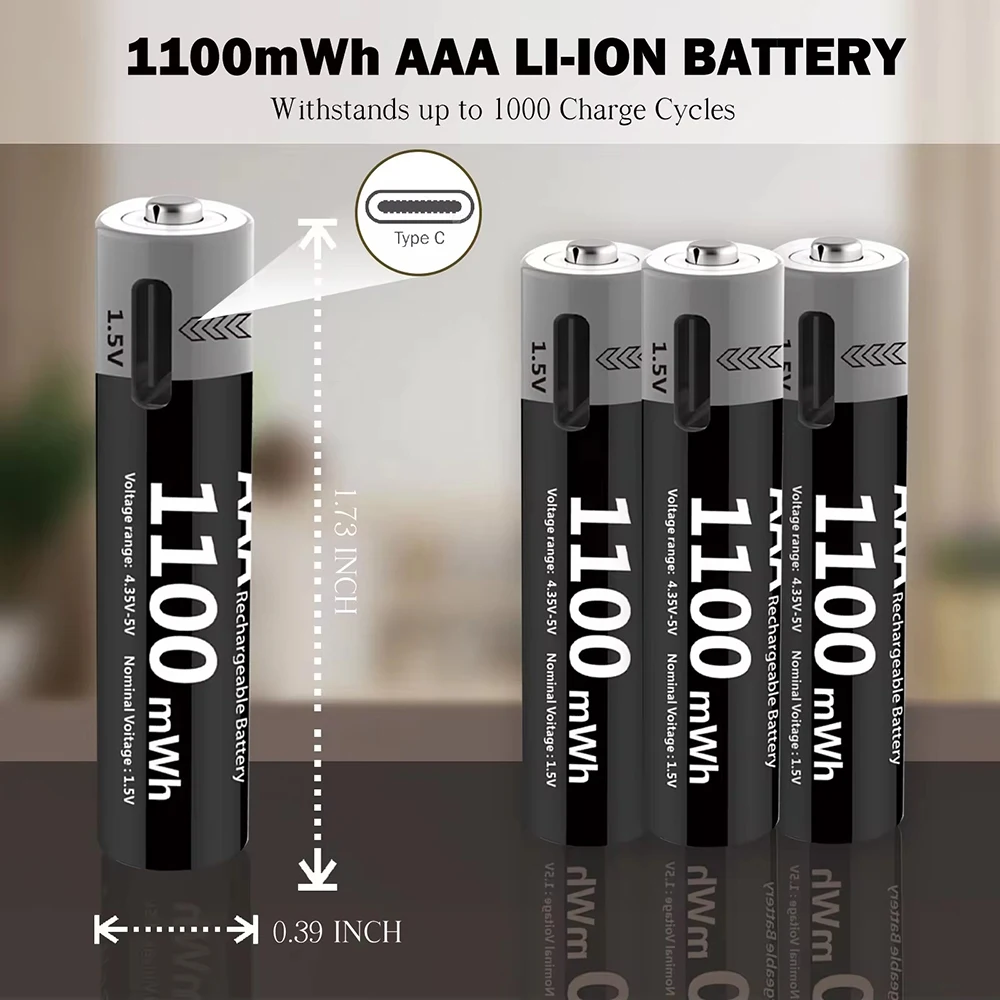 Kuugro 1.5V AA And AAA Rechargeable Batteries AA 3400mWh AAA 1100mWh USB-C Fast Charging For Remote Control Wireless Mouse Etc