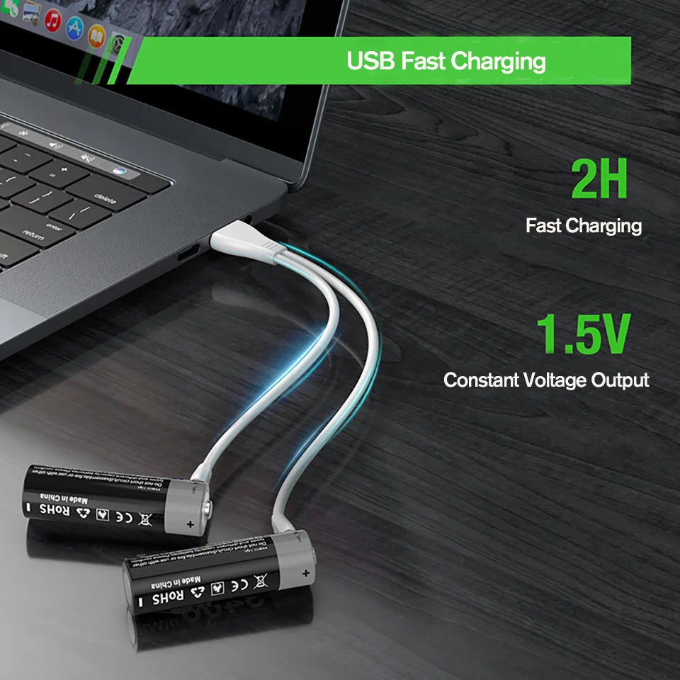 Kuugro 1.5V AA And AAA Rechargeable Batteries AA 3400mWh AAA 1100mWh USB-C Fast Charging For Remote Control Wireless Mouse Etc