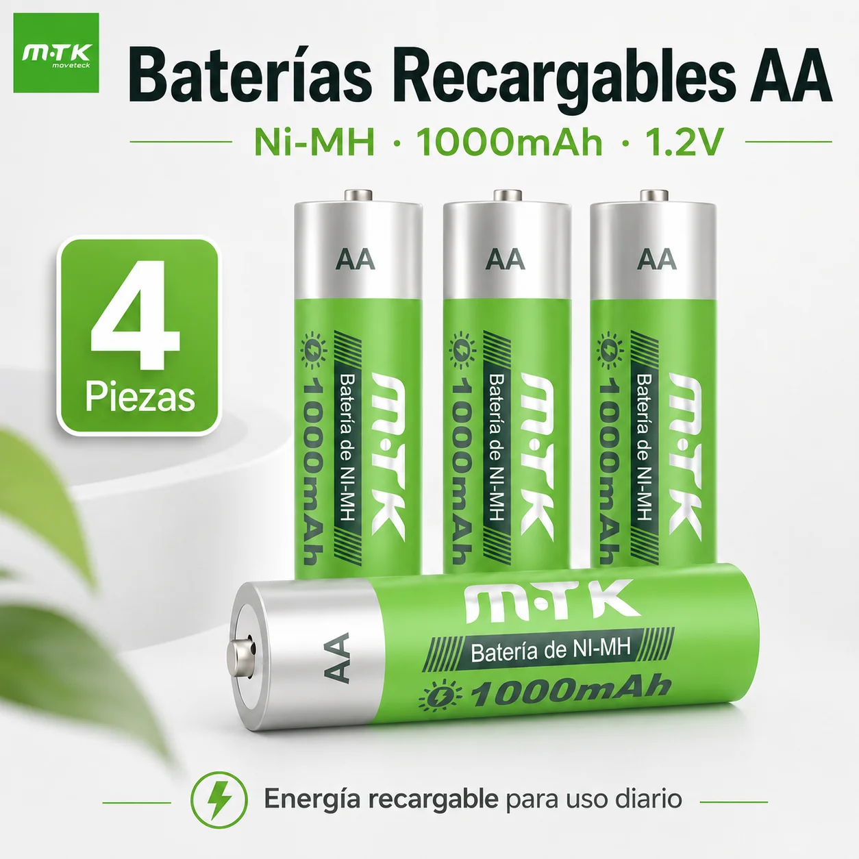 Pilas Recargables M·Tk AA Ni-MH de 1000 mAh y 1.2 V Paquete De 4 Pilas AA