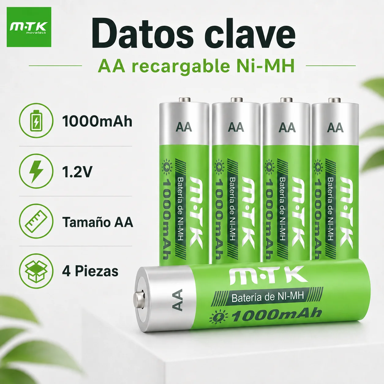 Pilas Recargables M·Tk AA Ni-MH de 1000 mAh y 1.2 V Paquete De 4 Pilas AA