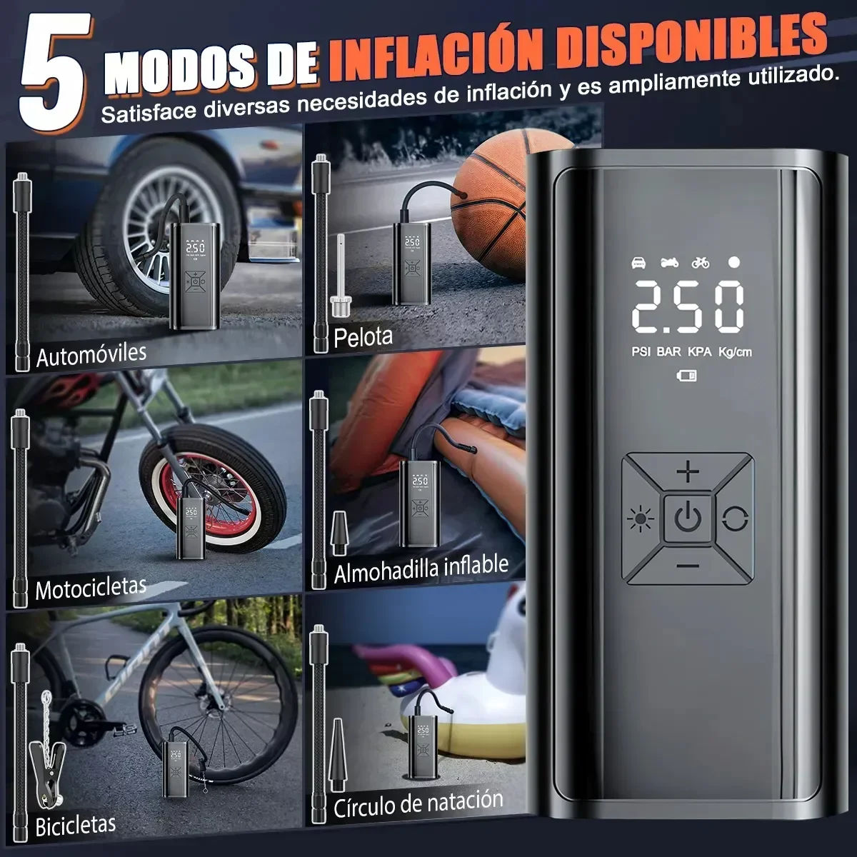 Compresor De Aire Portátil 150 PSI Inflador Eléctrico Recargable 6000 mAh Autos Bici Moto