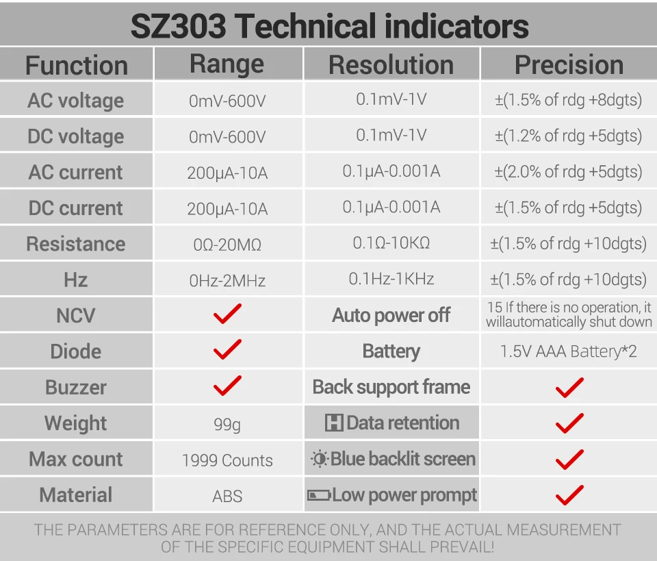 Smart Digital Voltage Multimeter ANENG SZ303 Professional Current Electrical Resistance Diode Buzzer High Precision Portable Too