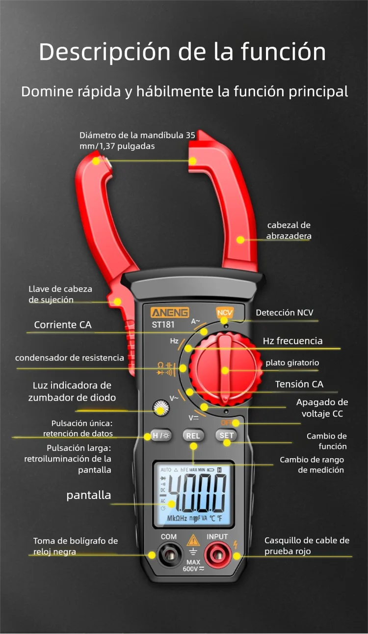 Digital clamp multimeter with numerical display, universal AC and DC voltage multimeter, intelligent and fully automatic digital clamp multimeter for electricians with anti-slip protection.