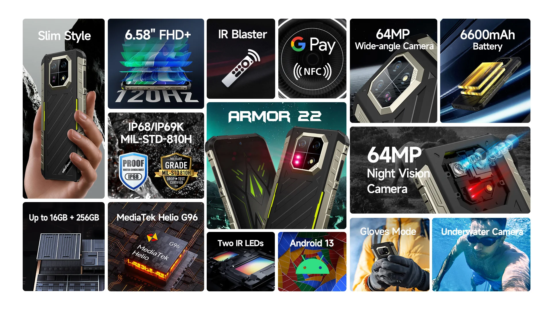 Ulefone Armor 22 Android 13 16GB RAM (8+8GB) 128GB ROM 120Hz 33W NFC 64MP