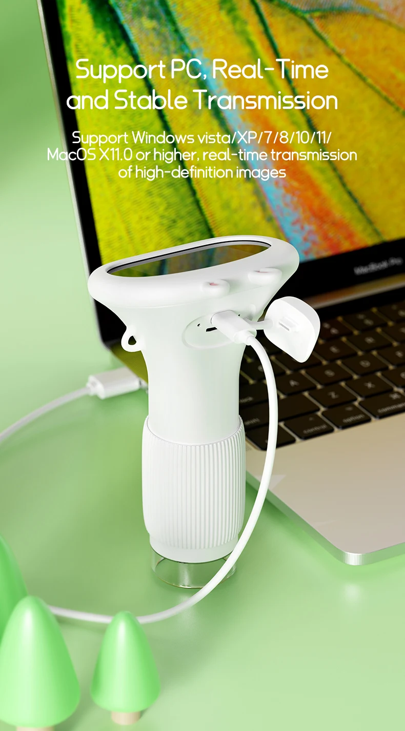 Microscopio para niños de bolsillo portátil pantalla IPS de 2 pulgadas 1000X microscopios digitales de mano con 8 luces LED ajustables