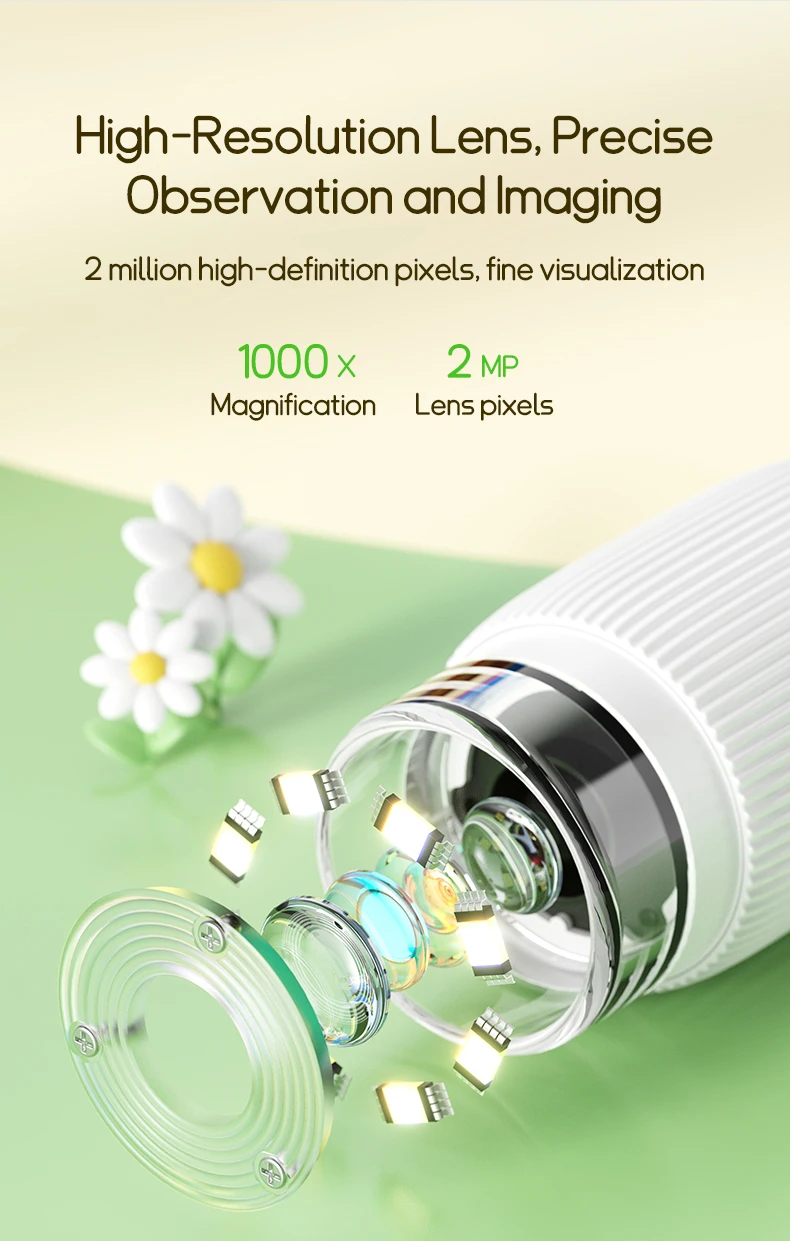 Microscopio para niños de bolsillo portátil pantalla IPS de 2 pulgadas 1000X microscopios digitales de mano con 8 luces LED ajustables