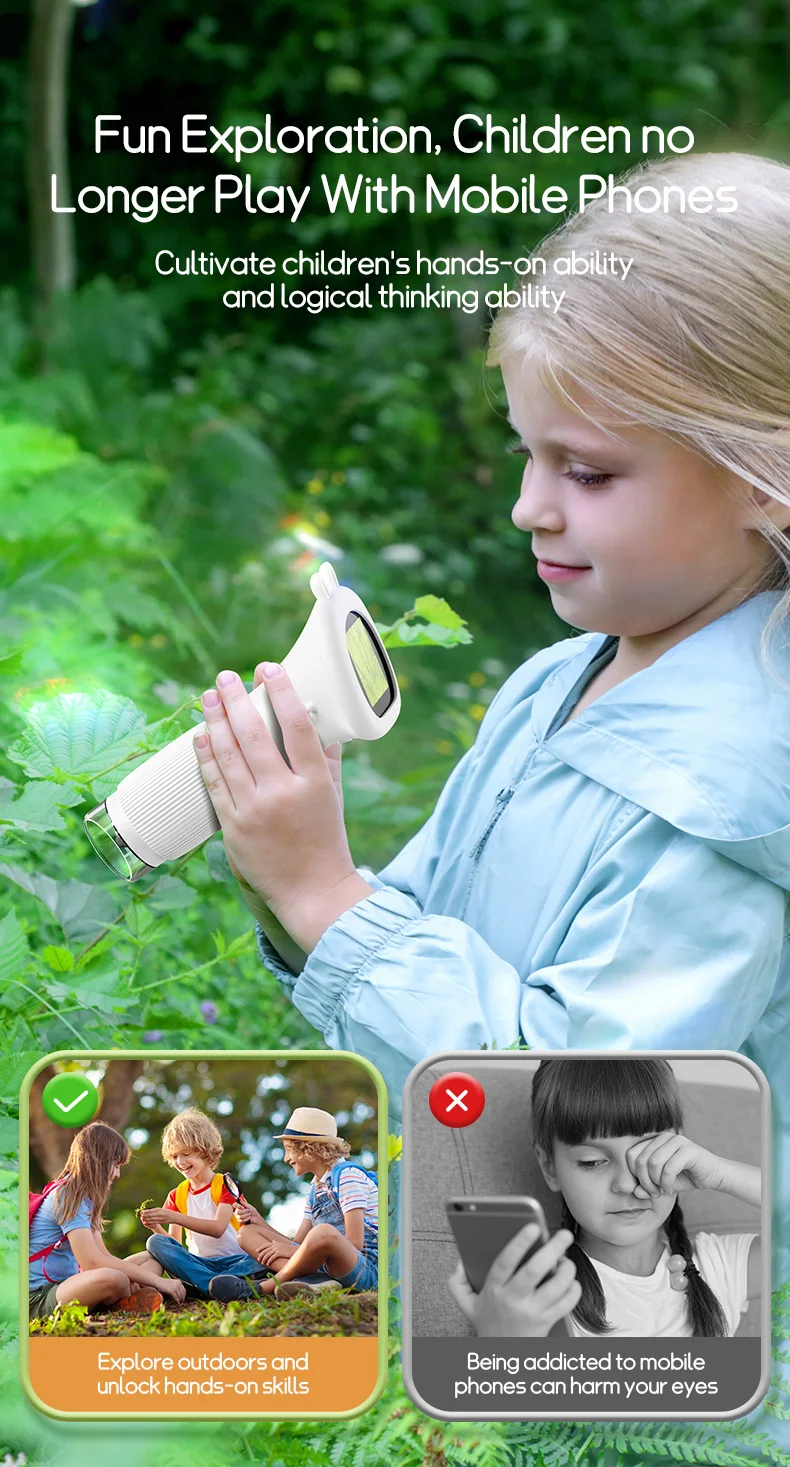Microscopio para niños de bolsillo portátil pantalla IPS de 2 pulgadas 1000X microscopios digitales de mano con 8 luces LED ajustables
