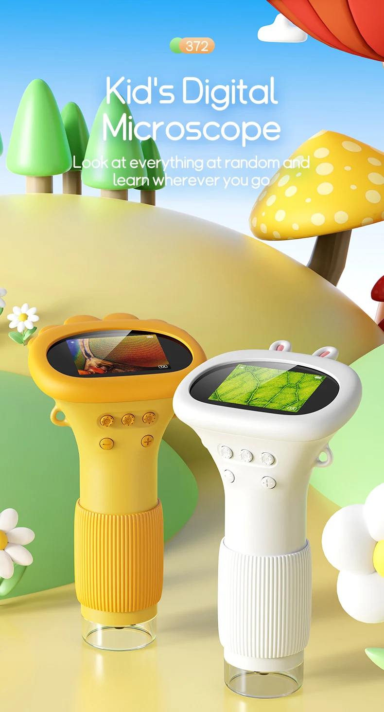 Microscopio para niños de bolsillo portátil pantalla IPS de 2 pulgadas 1000X microscopios digitales de mano con 8 luces LED ajustables