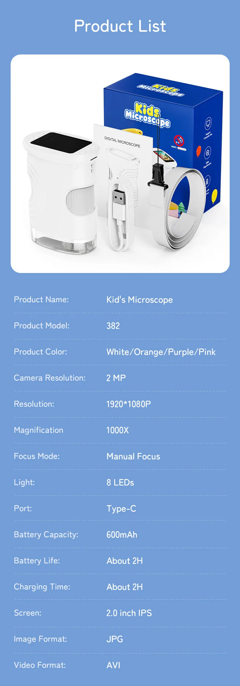 Microscopio de mano 1000X para niños, Mini microscopios digitales de bolsillo recargables con pantalla de 2,0 