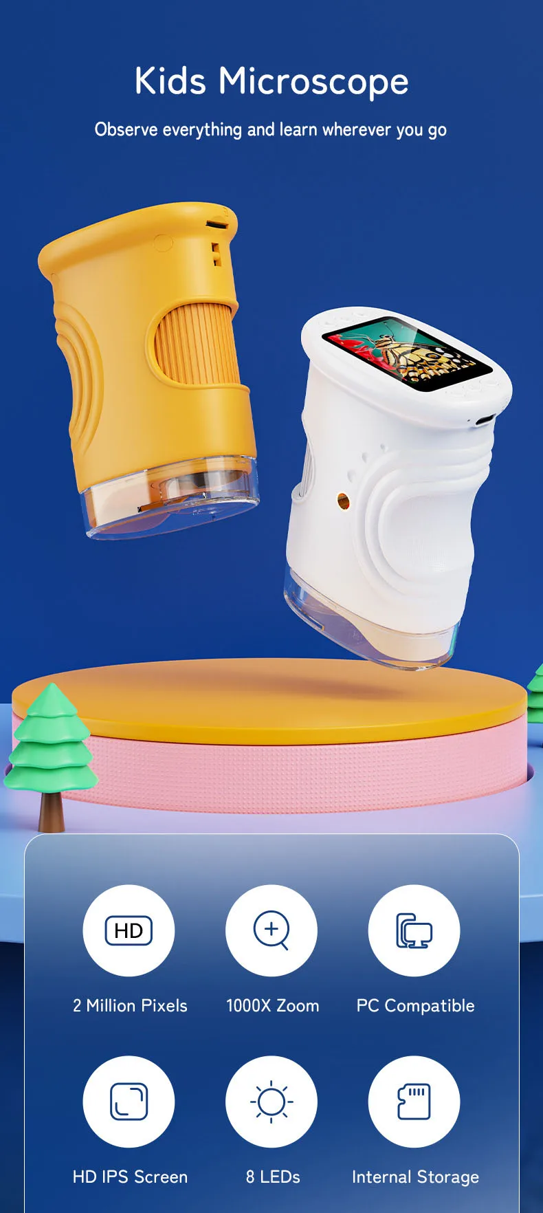 Microscopio de mano 1000X para niños, Mini microscopios digitales de bolsillo recargables con pantalla de 2,0 